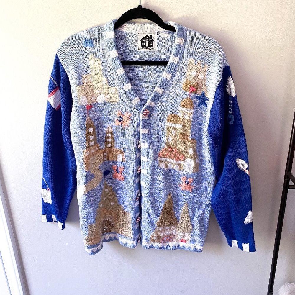 Vintage Storybook Knit Sandcastle Beach Theme Cardigan